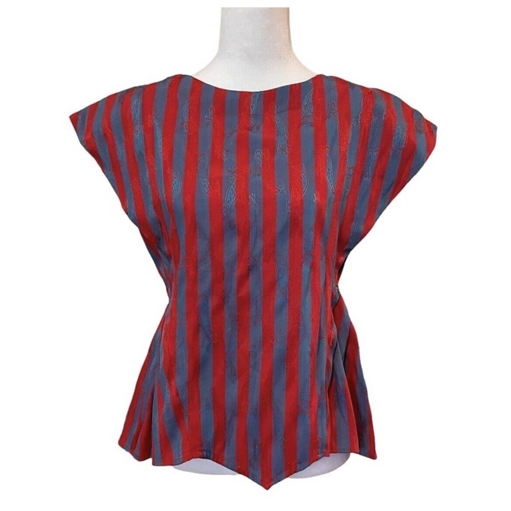 Vintage 80s First Boutique Red & Blue Striped Winged Shoulder Button Back Blouse
